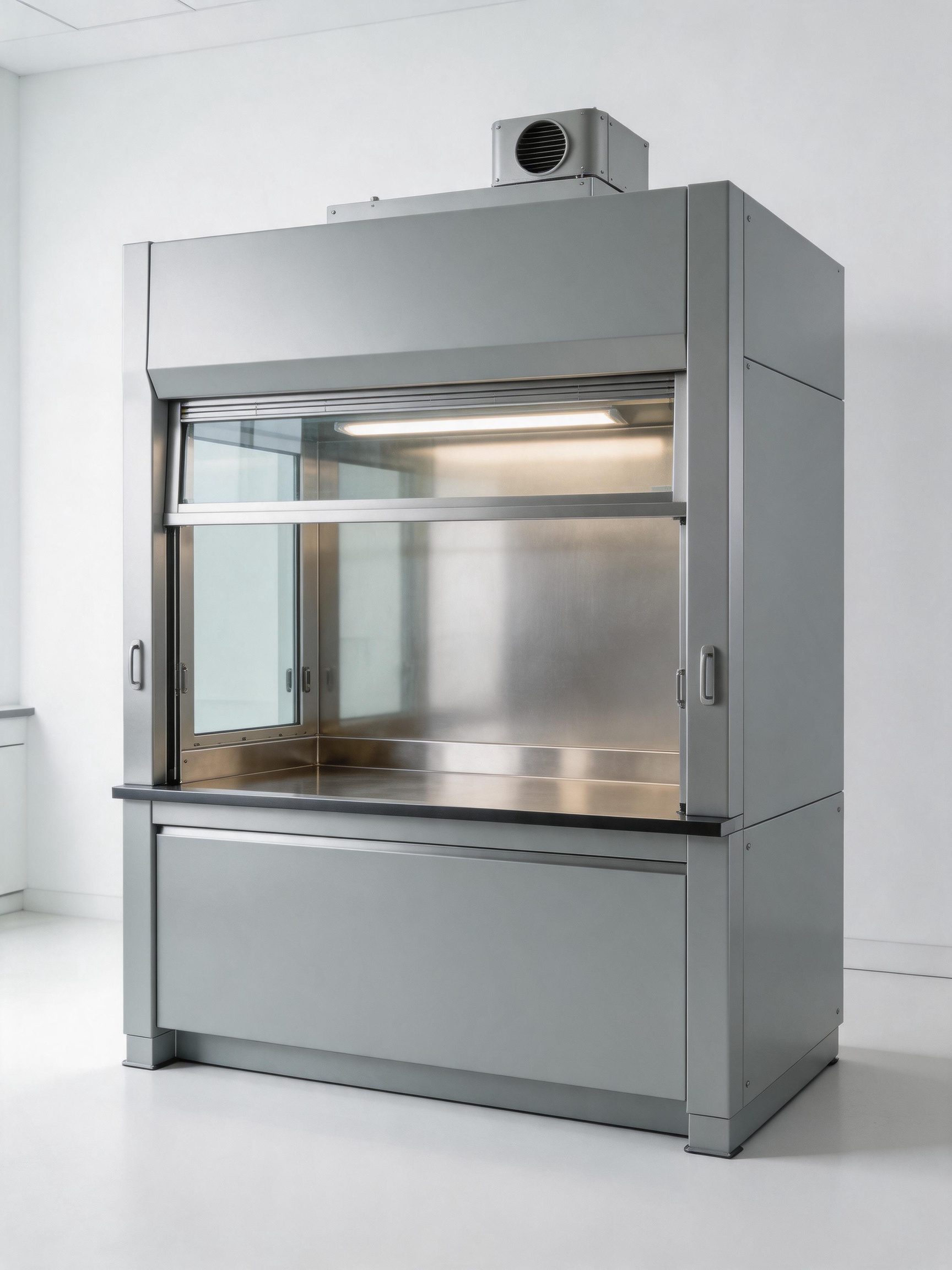 Steel laboratory fume hood shown in a clean product setting