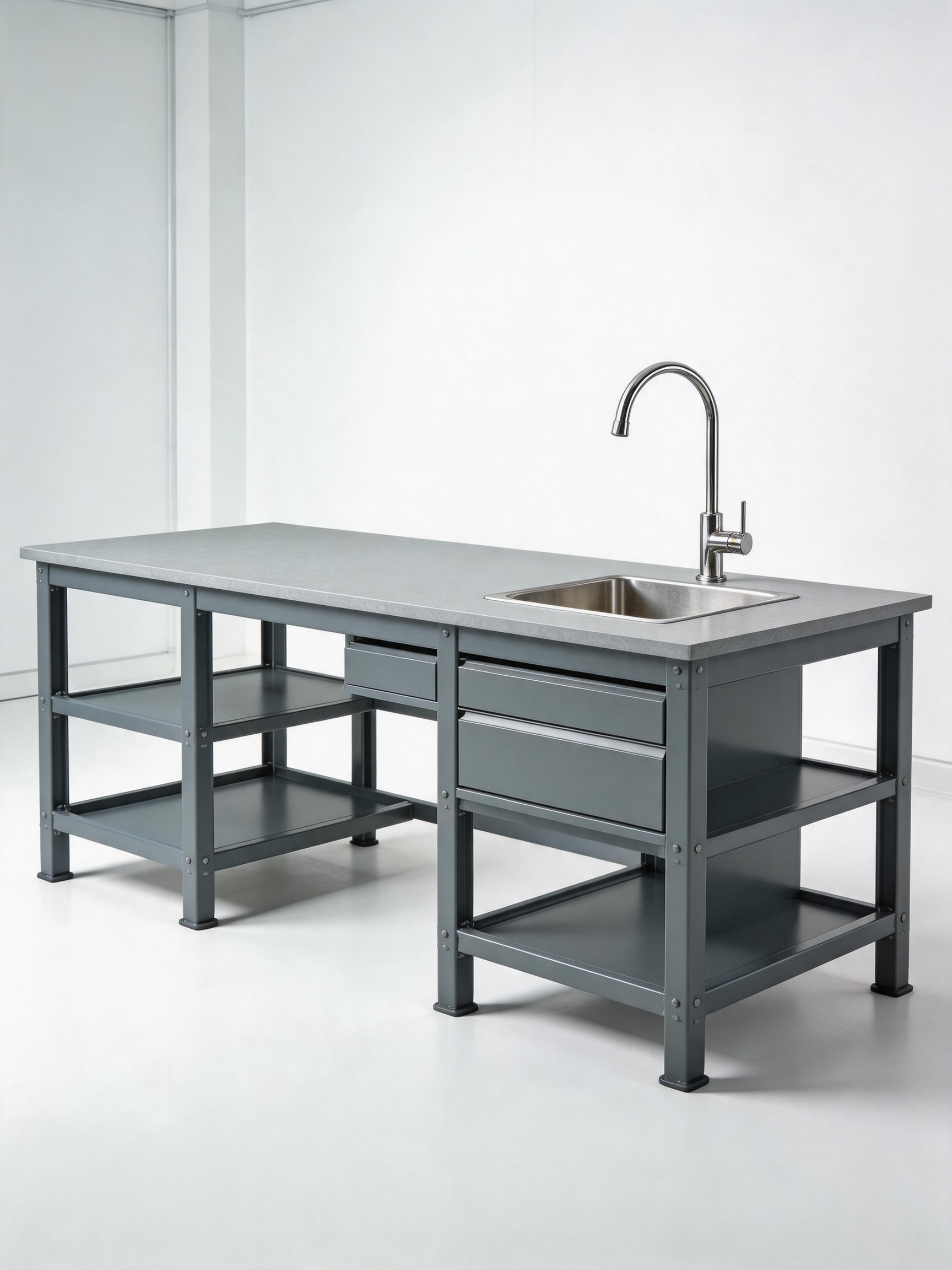 Freestanding laboratory island bench with sink and storage