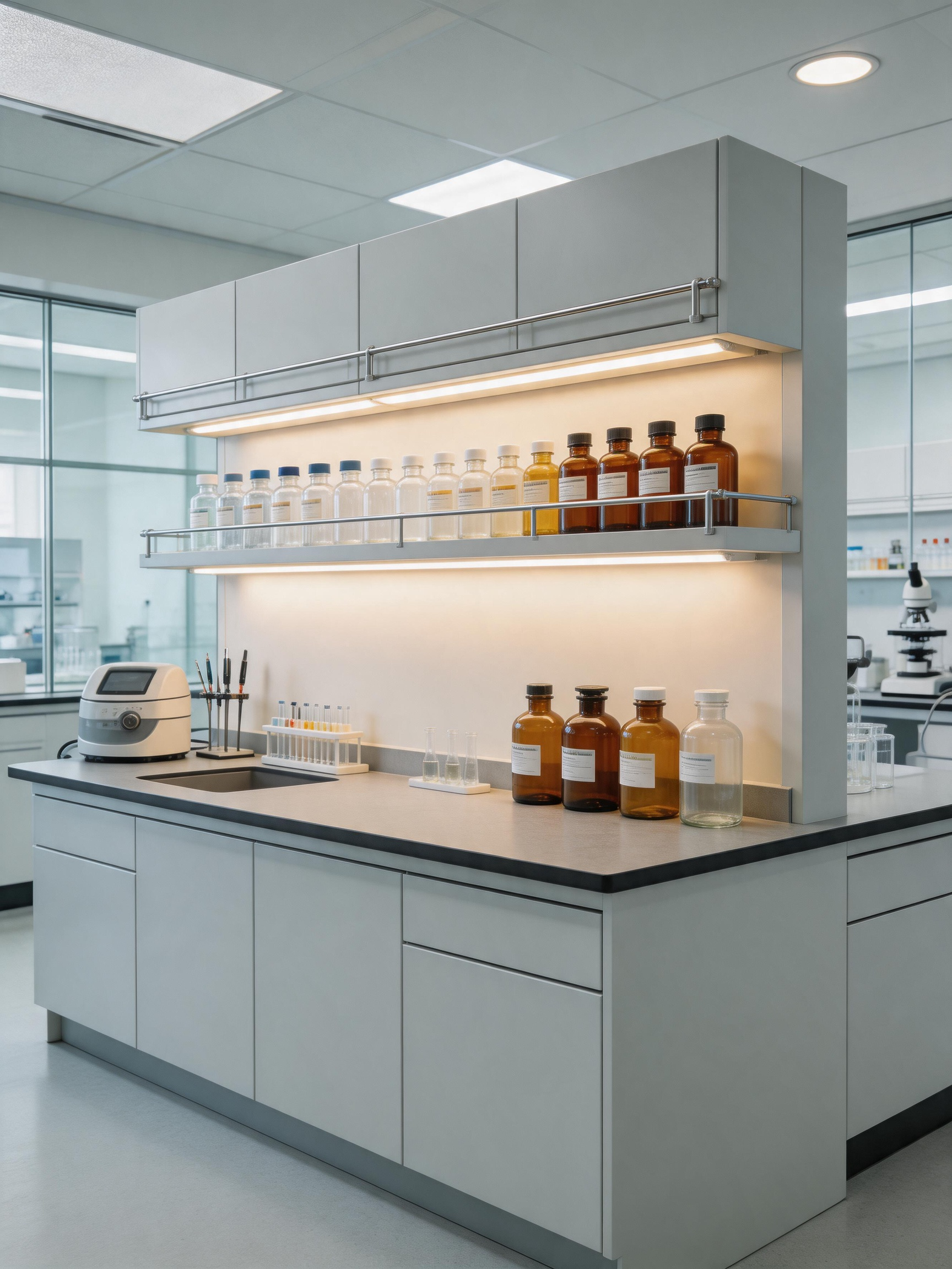 Laboratory wall bench with integrated shelving and storage