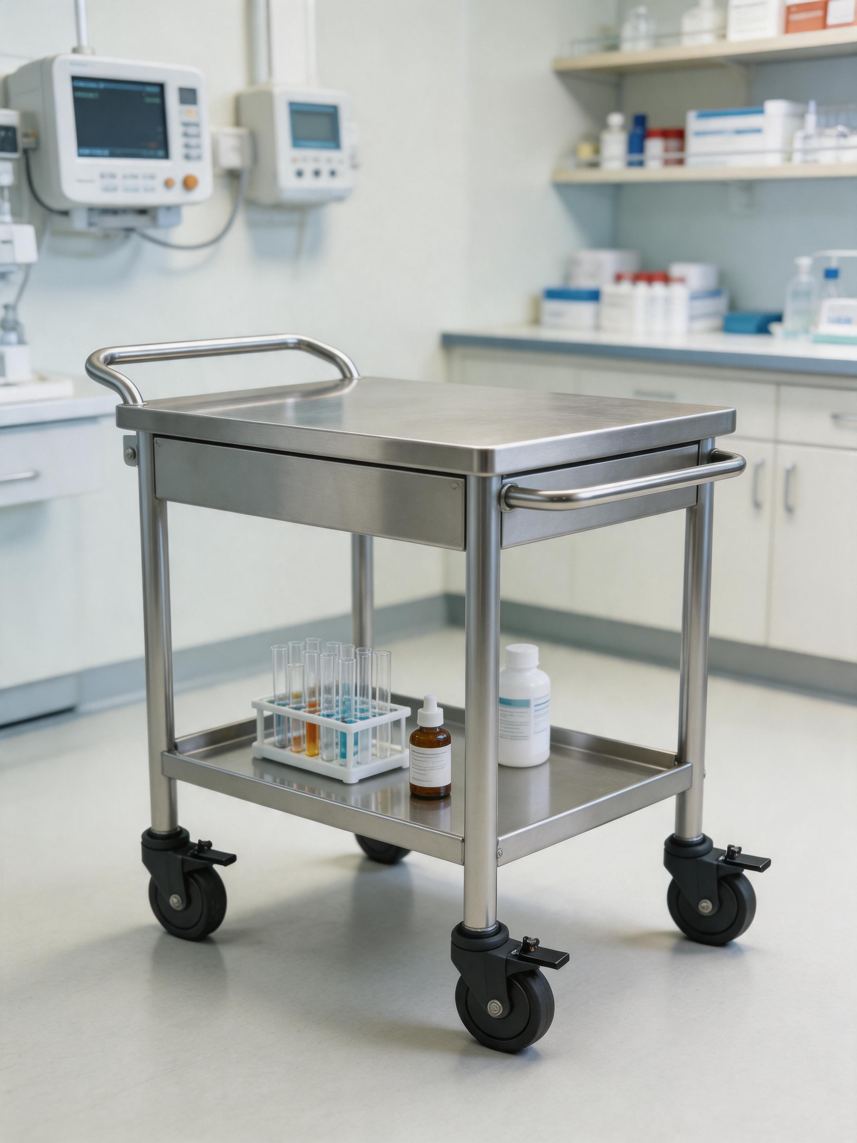 Mobile stainless-finish laboratory cart in a laboratory setting