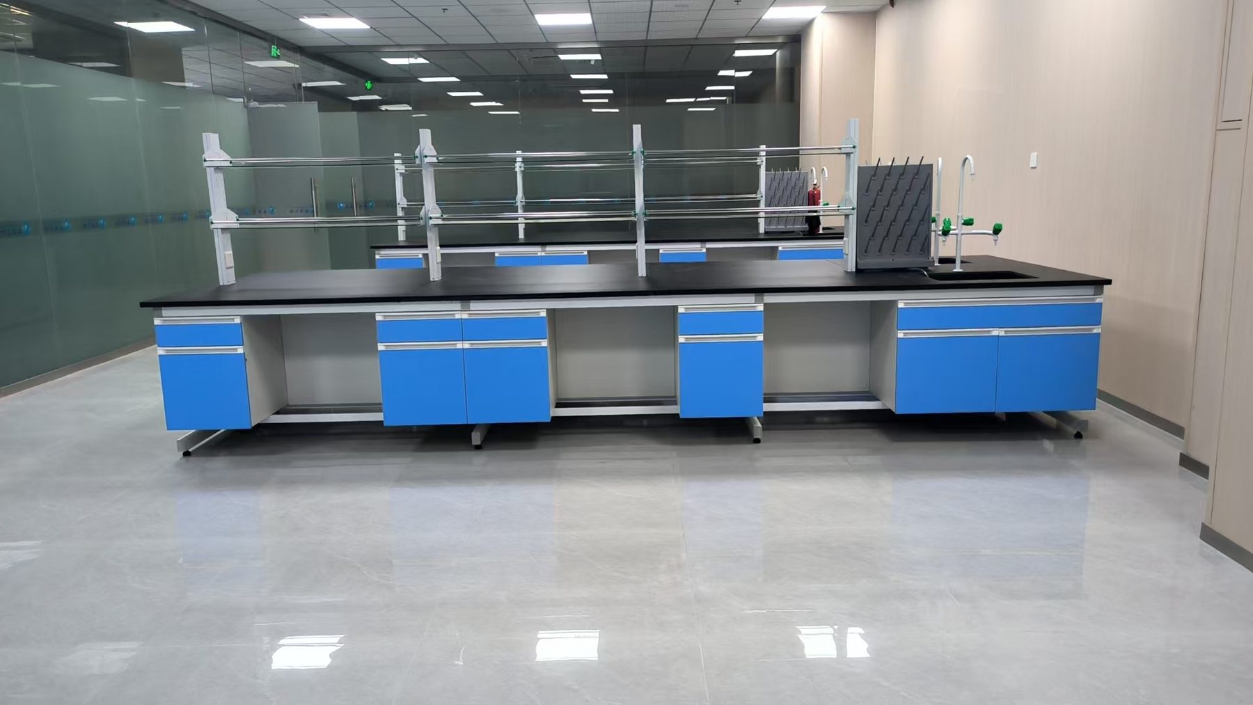 Long blue island bench in university chemistry laboratory