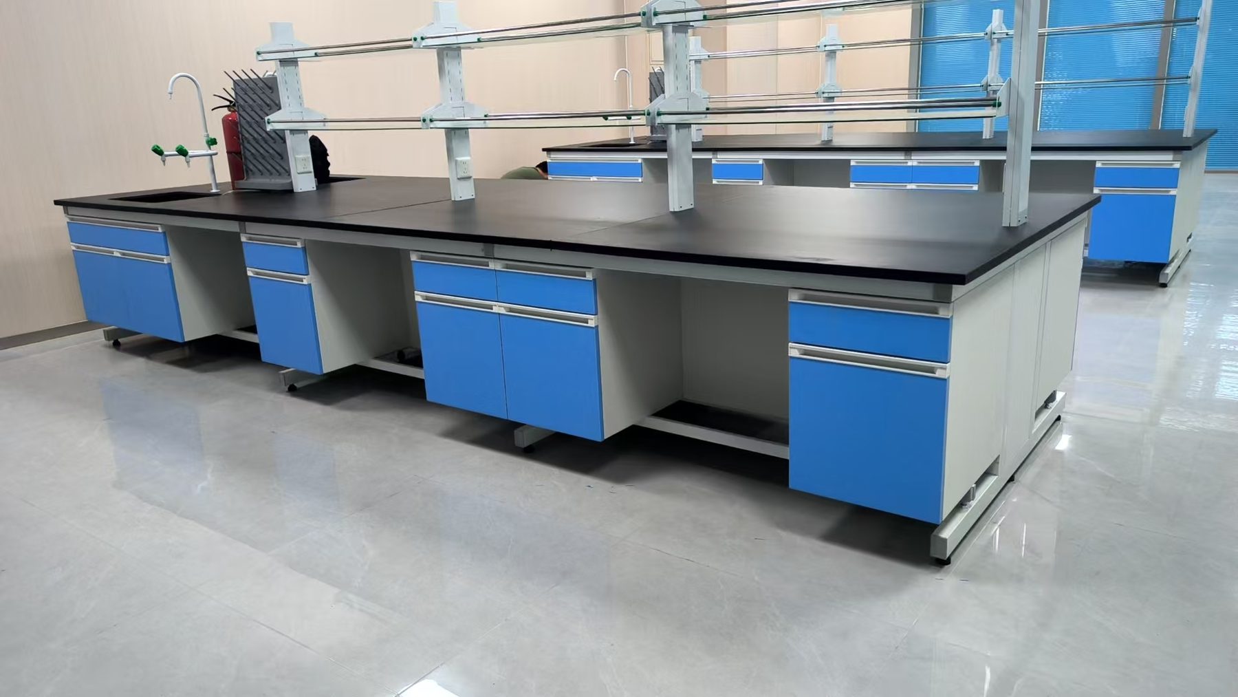 Completed university chemistry laboratory island benches