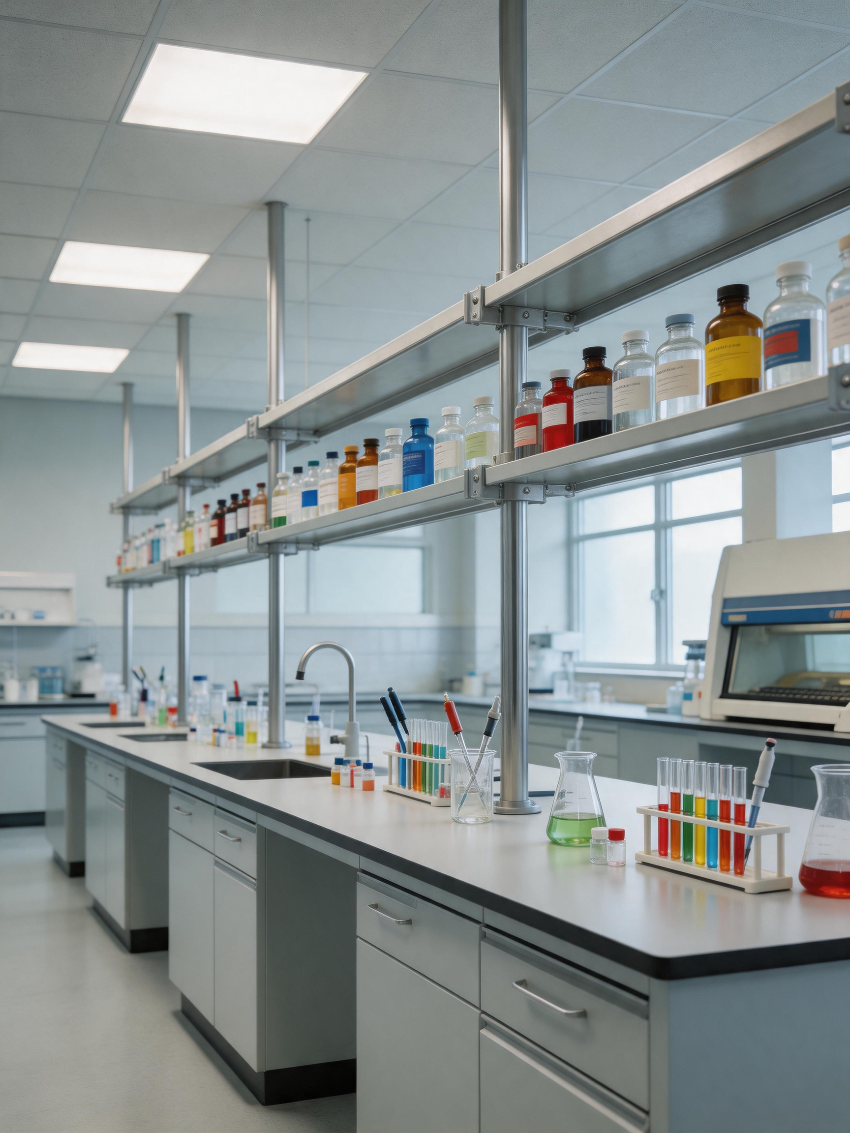 Reference biotechnology laboratory island bench and equipment layout