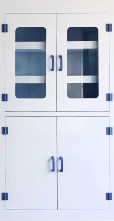 PP laboratory reagent cabinet with glazed upper doors and ventilated lower doors