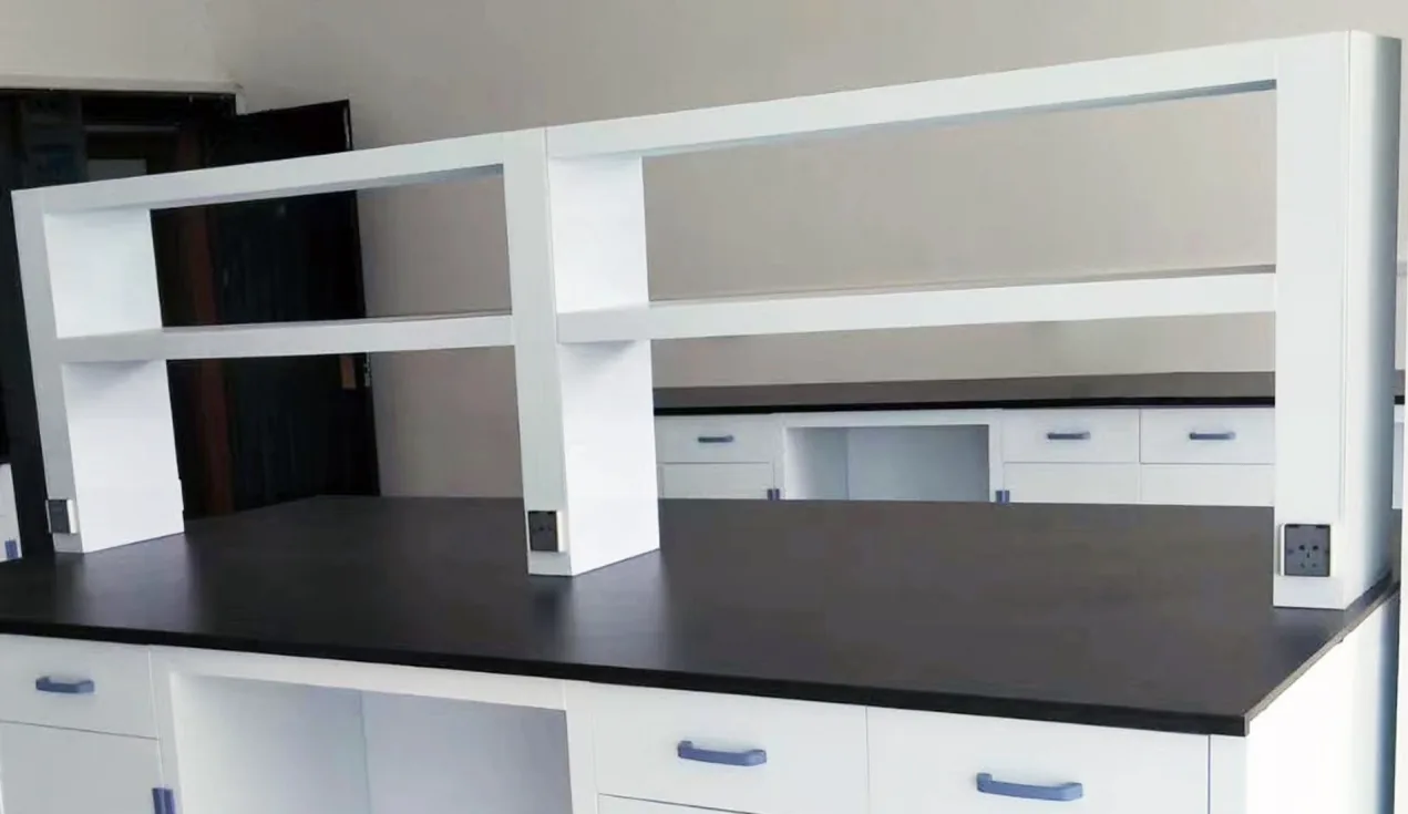 PP reagent rack installed above a laboratory island bench