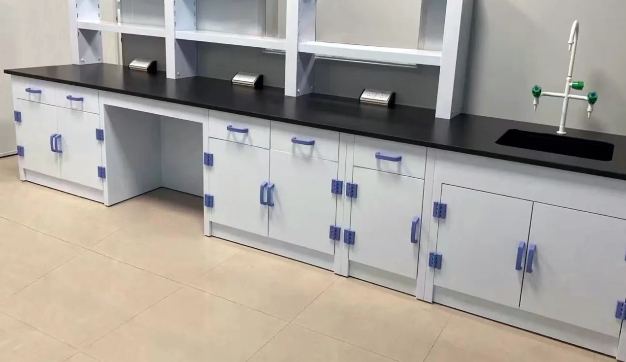 White PP wall laboratory bench with sink, reagent shelving, and storage cabinets
