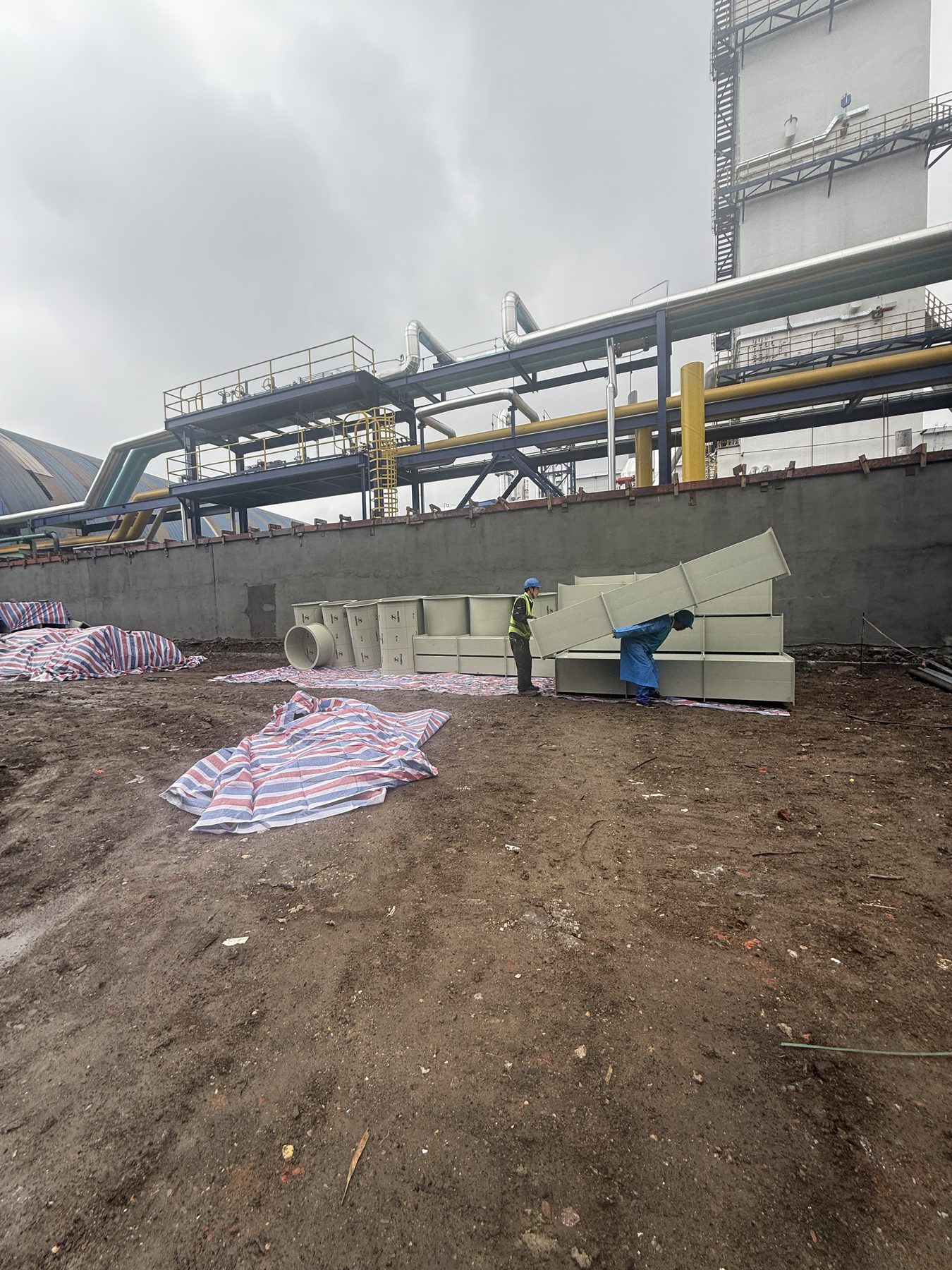 Industrial exhaust duct modules being positioned on site