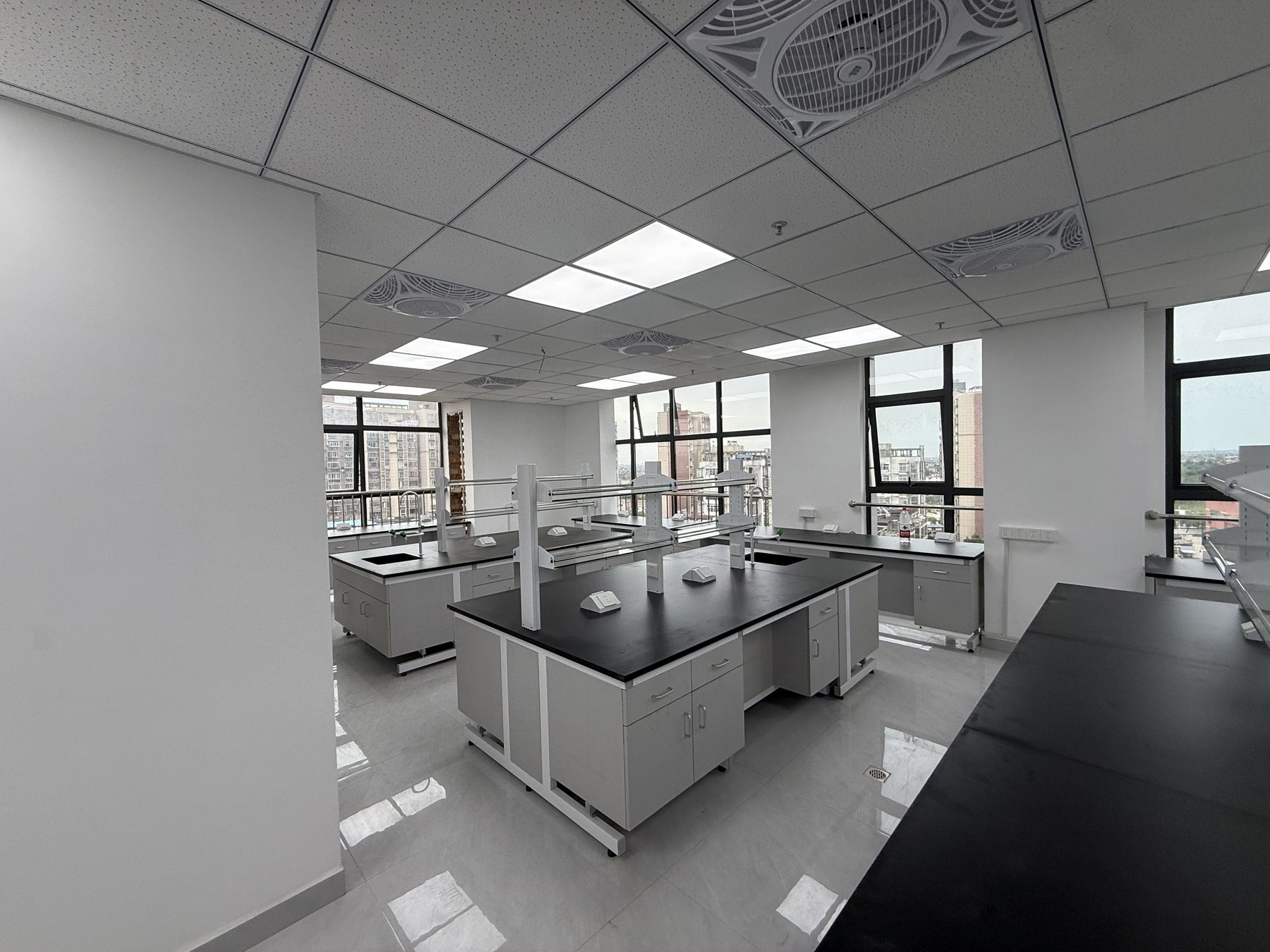 Completed gray laboratory island benches