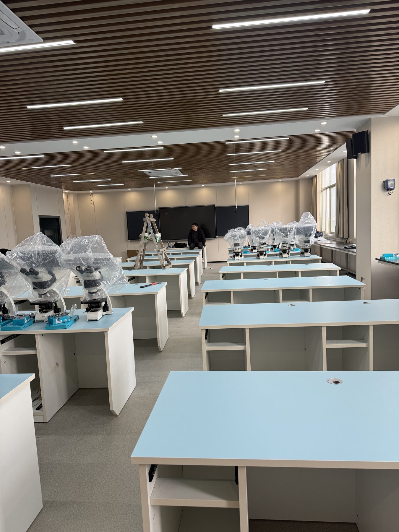 Light-blue teaching laboratory workstations