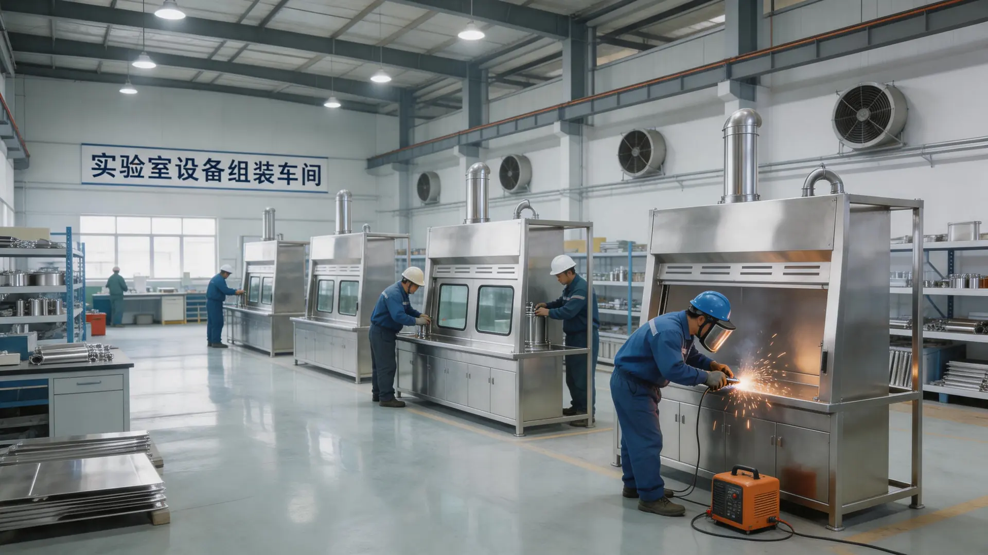 Workers assembling laboratory equipment in a workshop