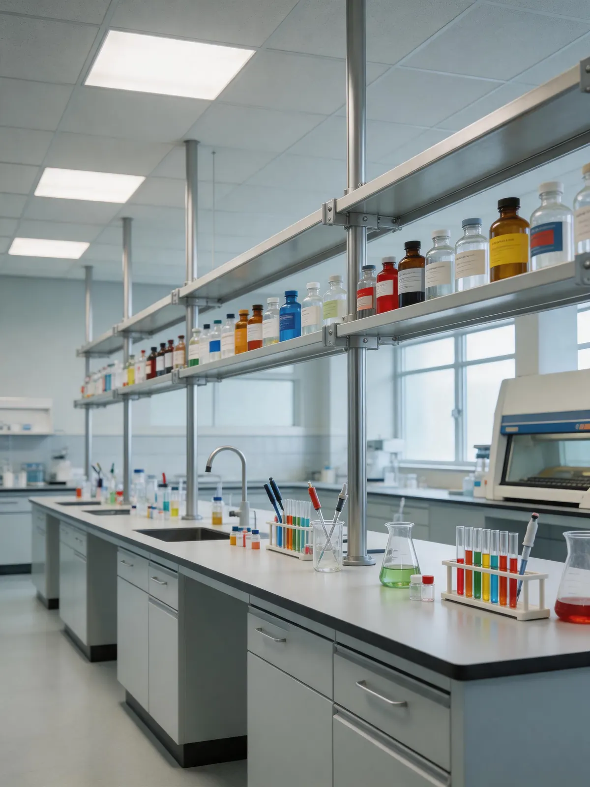 Reference biotechnology laboratory island bench and equipment layout