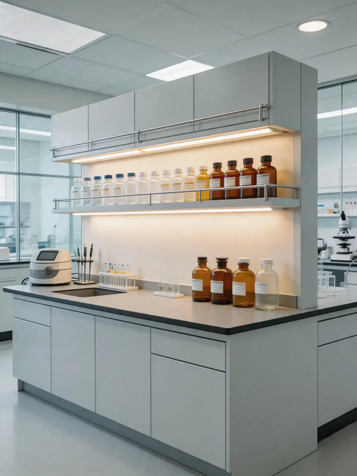 Laboratory wall bench with integrated shelving and storage