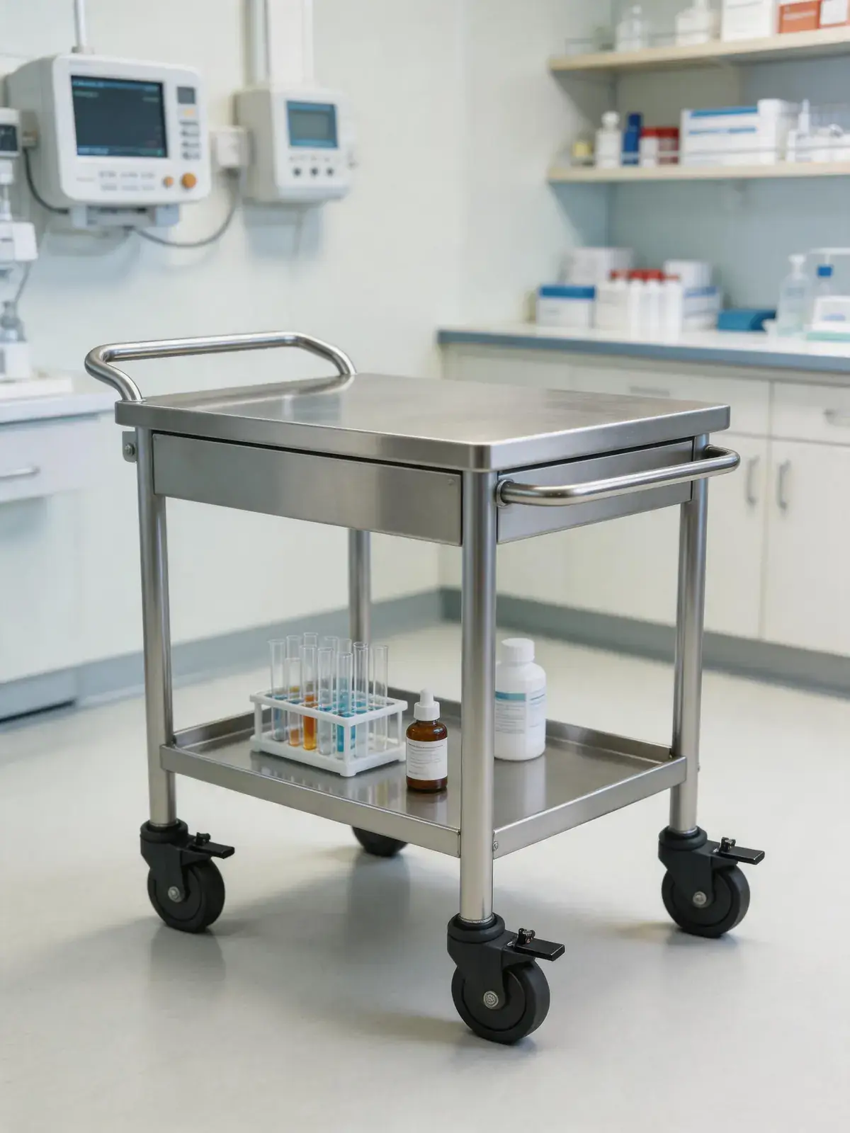 Mobile stainless-finish laboratory cart in a laboratory setting