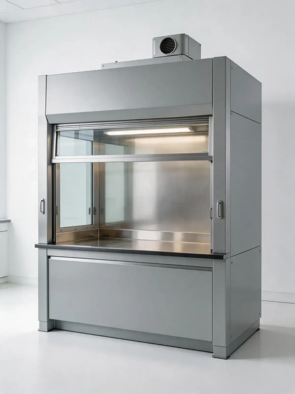 Steel laboratory fume hood shown in a clean product setting