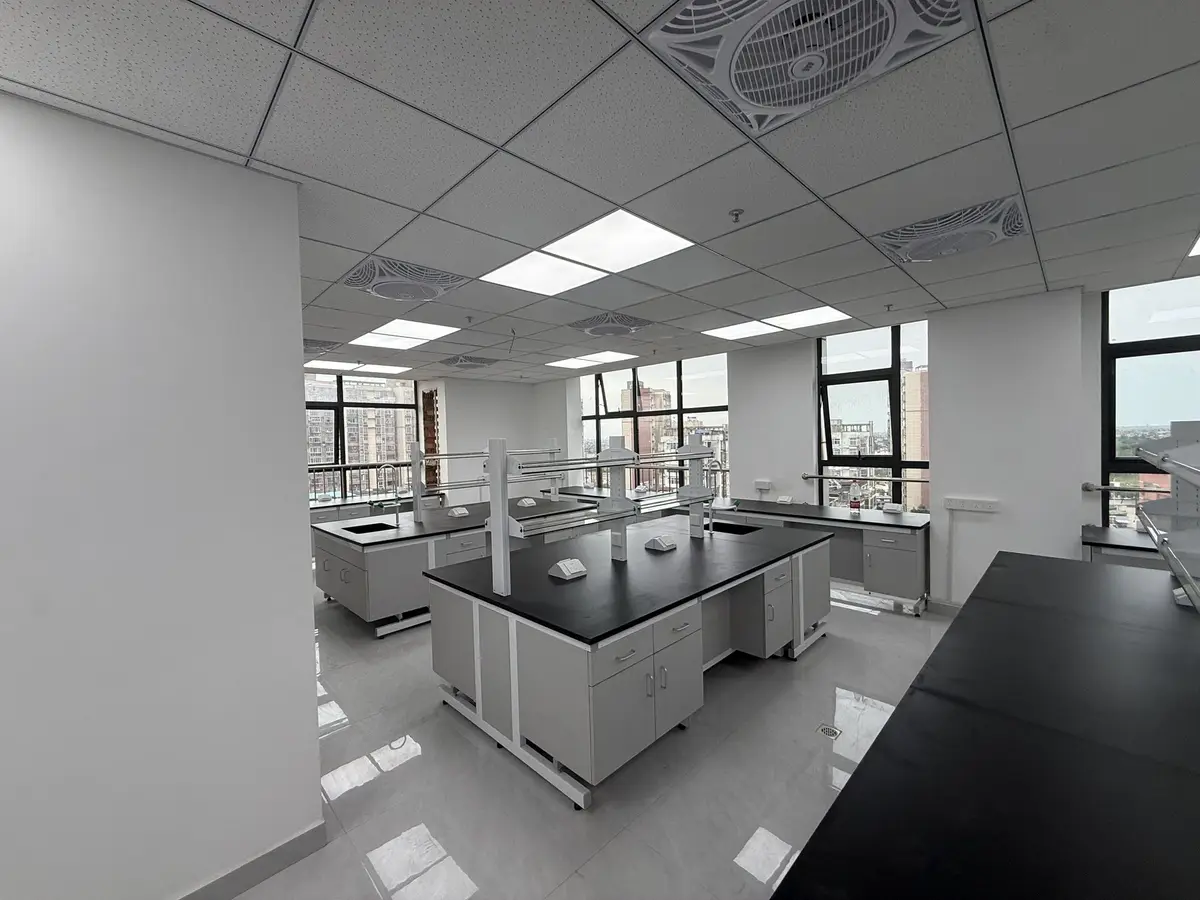 Completed gray laboratory island benches