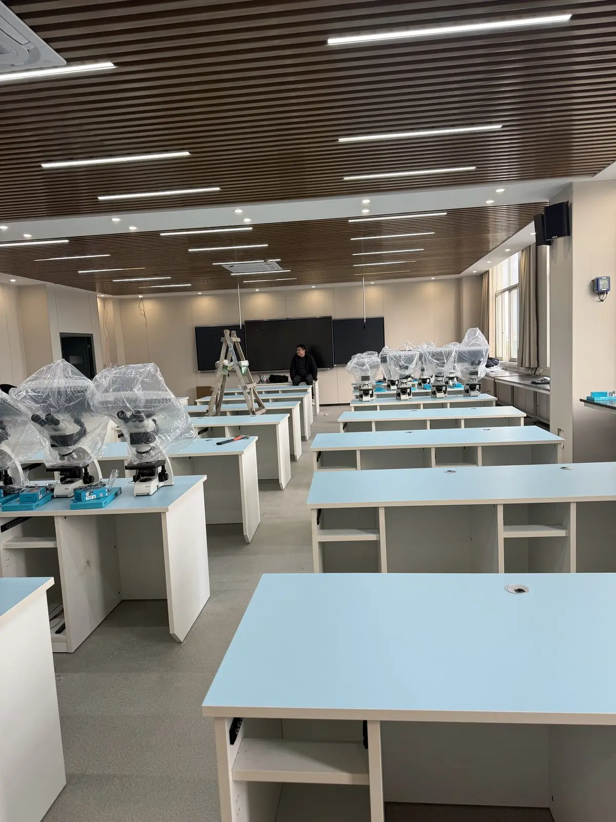 Light-blue teaching laboratory workstations