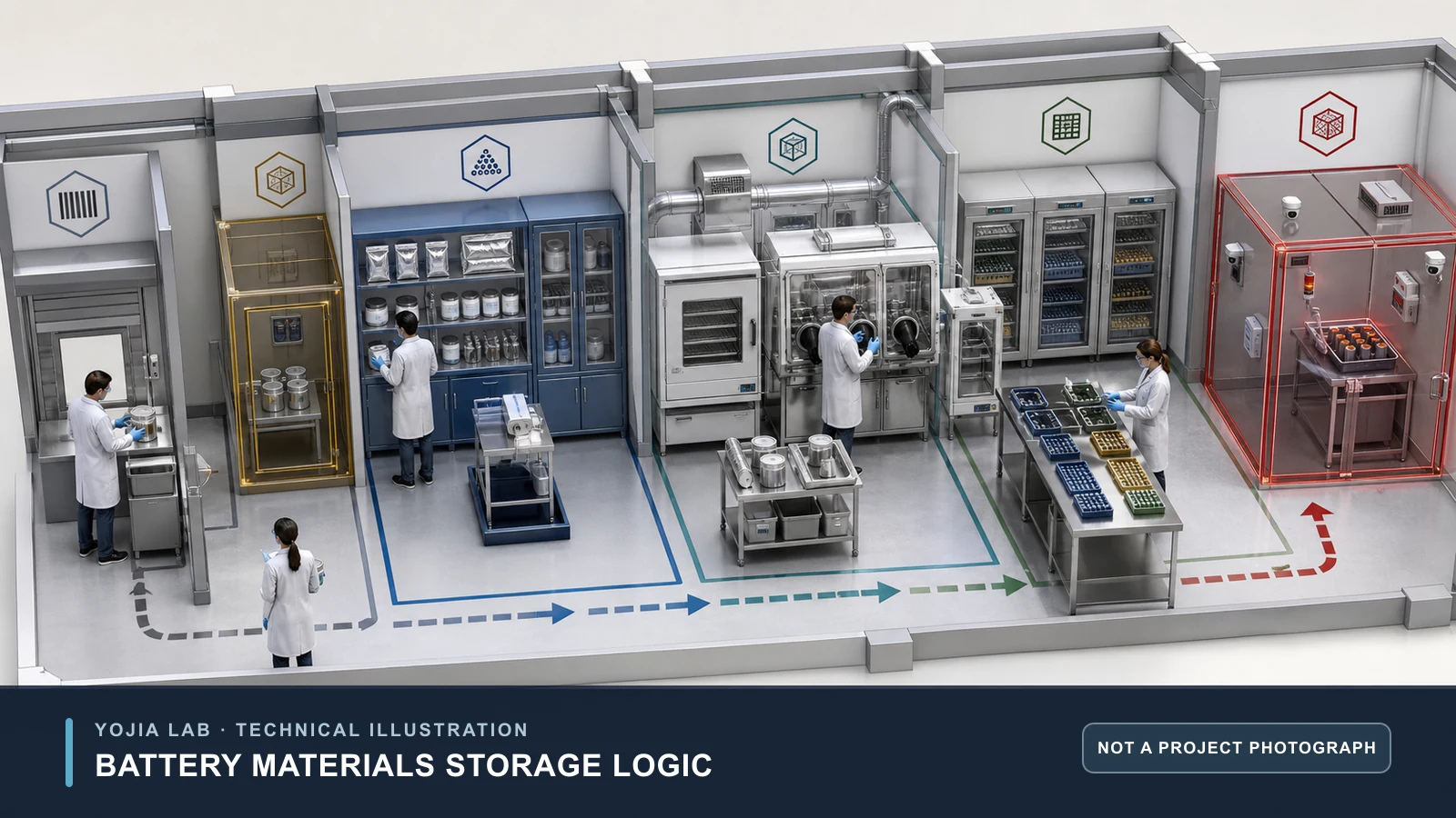 Axonometric technical illustration of a battery materials testing laboratory with controlled receipt, powder and reagent storage, dry transfer buffer, retained-cell racks, and damaged-cell quarantine