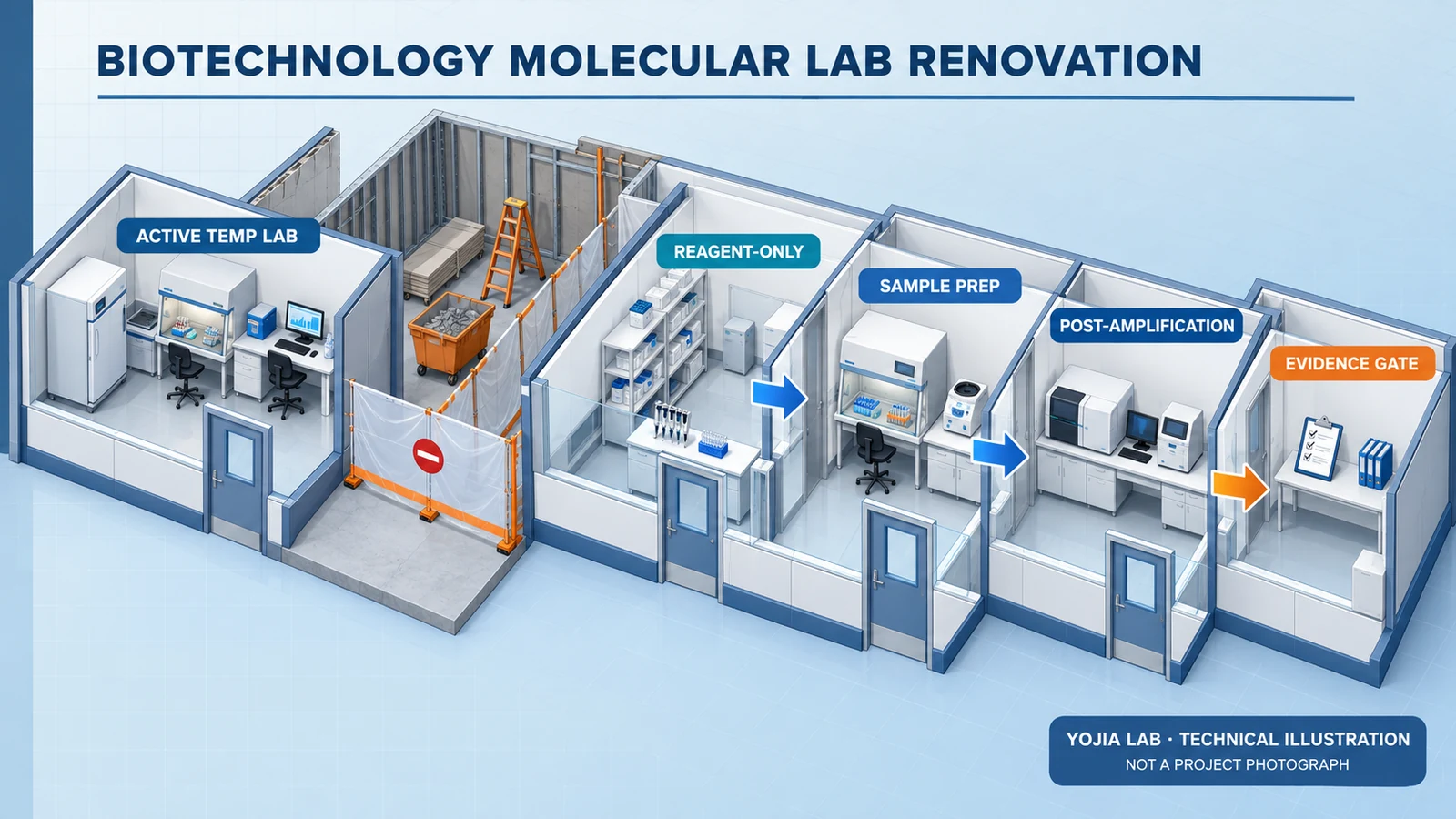 Technical illustration of a phased biotechnology molecular laboratory renovation with temporary assay continuity, reagent preparation, sample extraction, post-amplification analysis, and an evidence gate