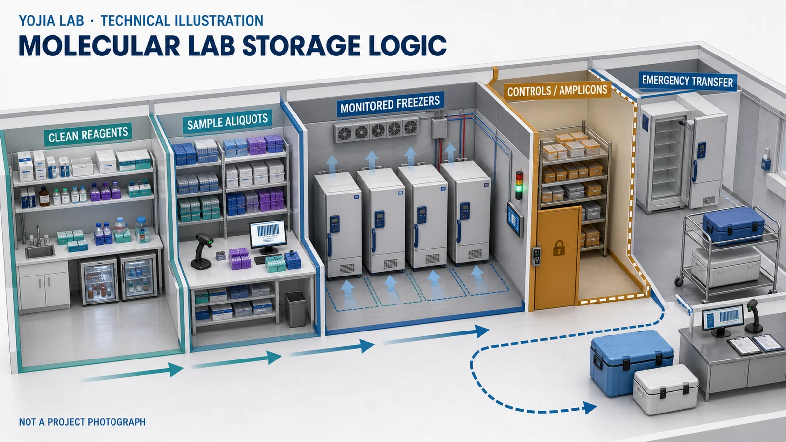 Axonometric technical illustration of biotechnology molecular laboratory storage with clean reagent cold storage, sample aliquots, monitored freezers, separated control and amplicon storage, and an emergency transfer bay