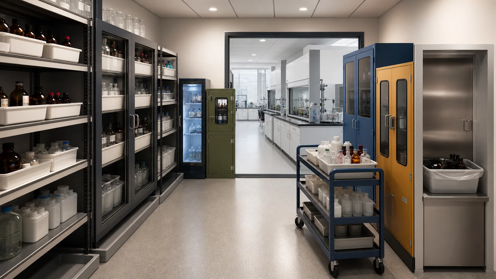 Conceptual chemistry laboratory storage room with separated reagent shelving, containment trays, dedicated cabinet forms, special-temperature storage, working stock, and waste handover