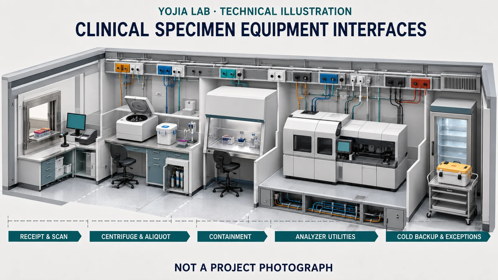 Axonometric technical illustration of a clinical specimen processing laboratory with receipt and scanning, centrifuge and aliquot work, a containment workstation, analyzer utility interfaces, and cold backup and exception handling