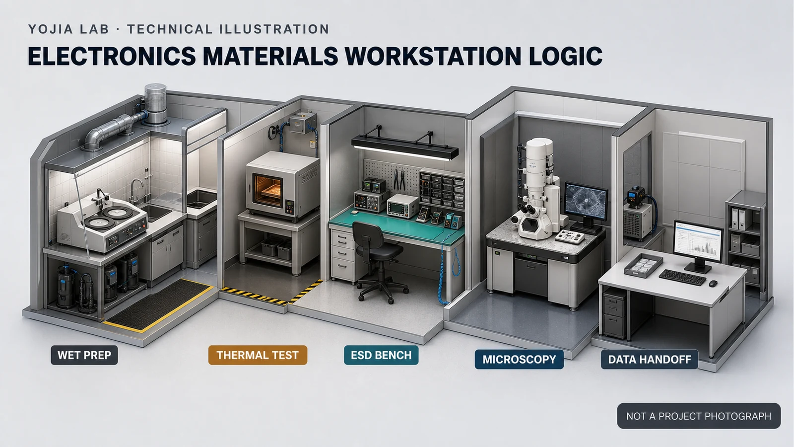 Axonometric technical illustration of an electronics materials testing laboratory with separate abrasive and wet preparation, thermal testing, ESD electrical bench, microscopy suite, and data handoff area