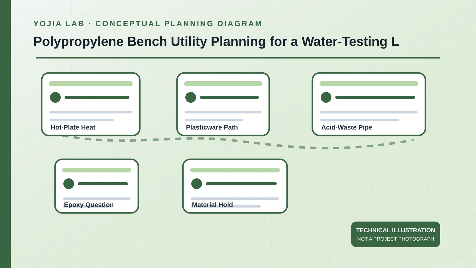 Planning diagram separating hot-plate heat, a plasticware path, acid-waste piping, an epoxy comparison, and a material hold point
