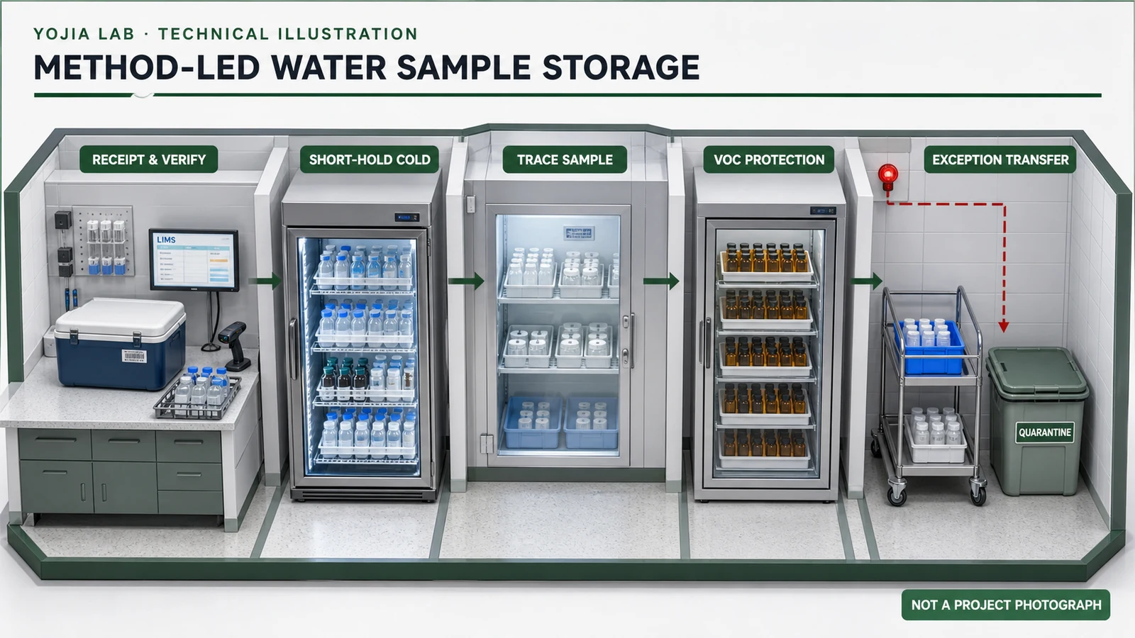 Axonometric technical illustration of an environmental water-testing laboratory sample-control area with receipt verification, monitored short-hold refrigeration, separated preserved trace samples, protected VOC storage, and an exception transfer station