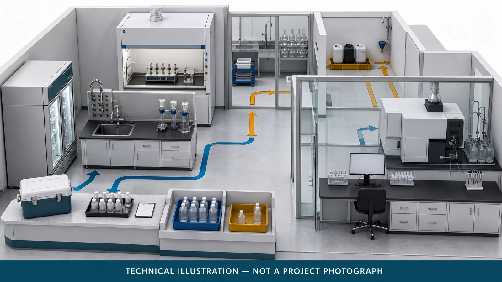 Conceptual environmental water-testing laboratory with controlled sample intake, cold staging, wet preparation, trace analysis, and waste hand-off zones
