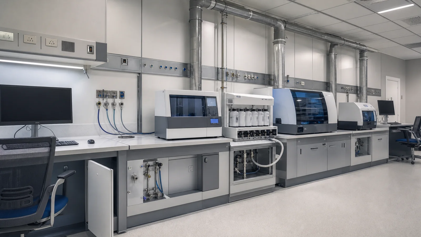 Conceptual pathology instrument laboratory showing equipment coordinated with power, data, water, drainage, exhaust, service access, and heat-clearance interfaces