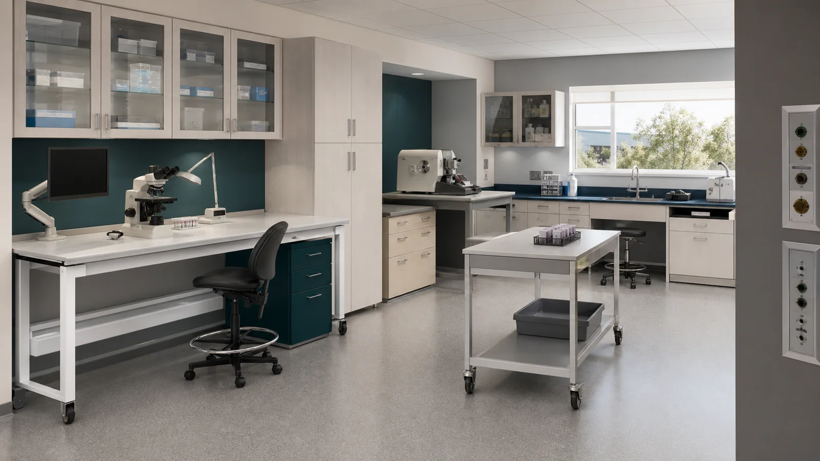 Conceptual pathology laboratory comparing adjustable microscopy benches, microtome workstations, wet benches, mobile tables, storage, and service panels