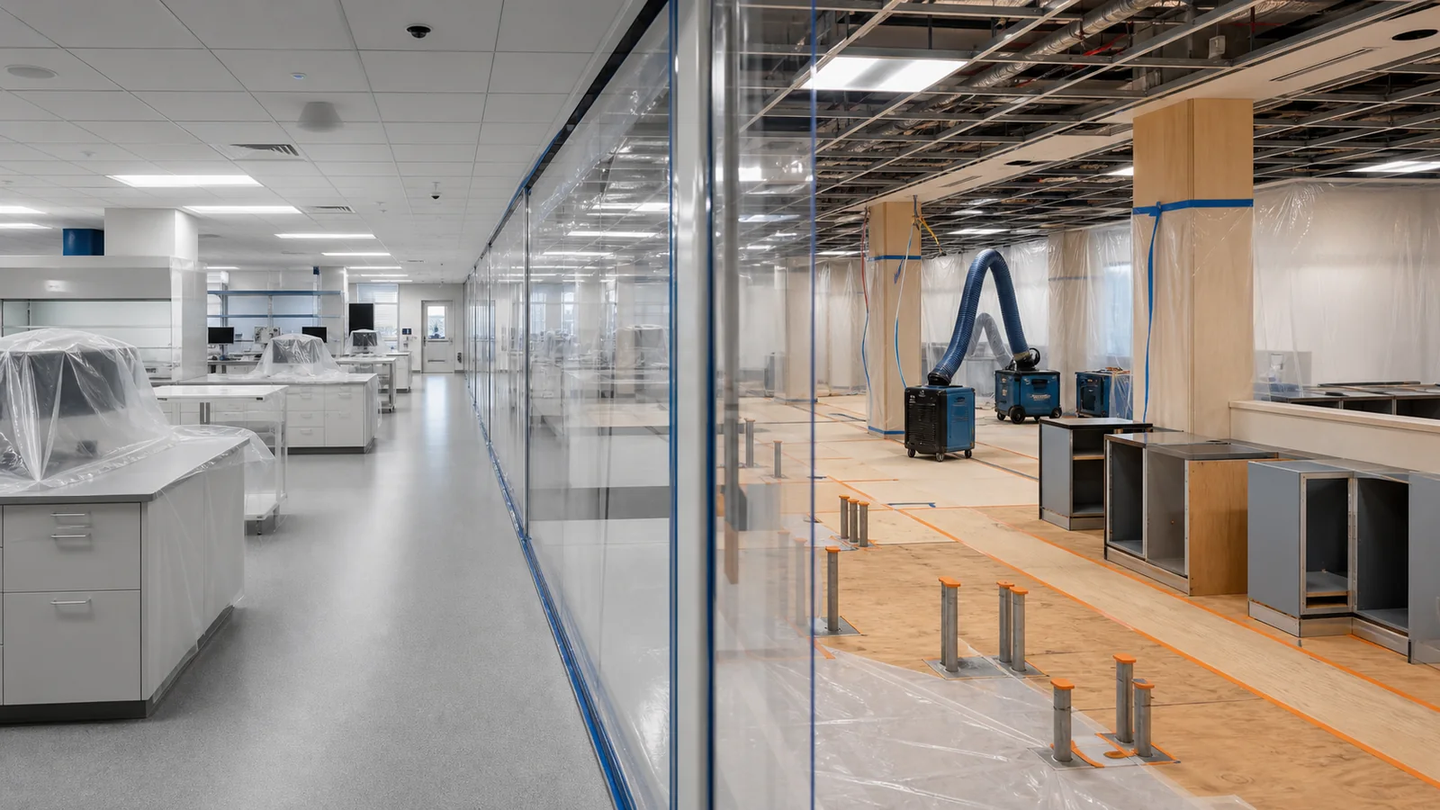 Conceptual phased pathology laboratory renovation with protected equipment, temporary isolation, capped utilities, new casework, floor protection, and dust-control equipment