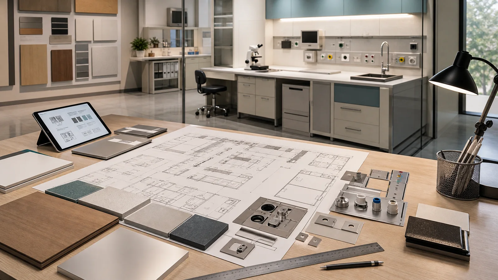 Conceptual pathology laboratory RFQ workspace with floor plan, equipment footprints, worktop samples, utility interface components, measuring tools, and a bench mock-up