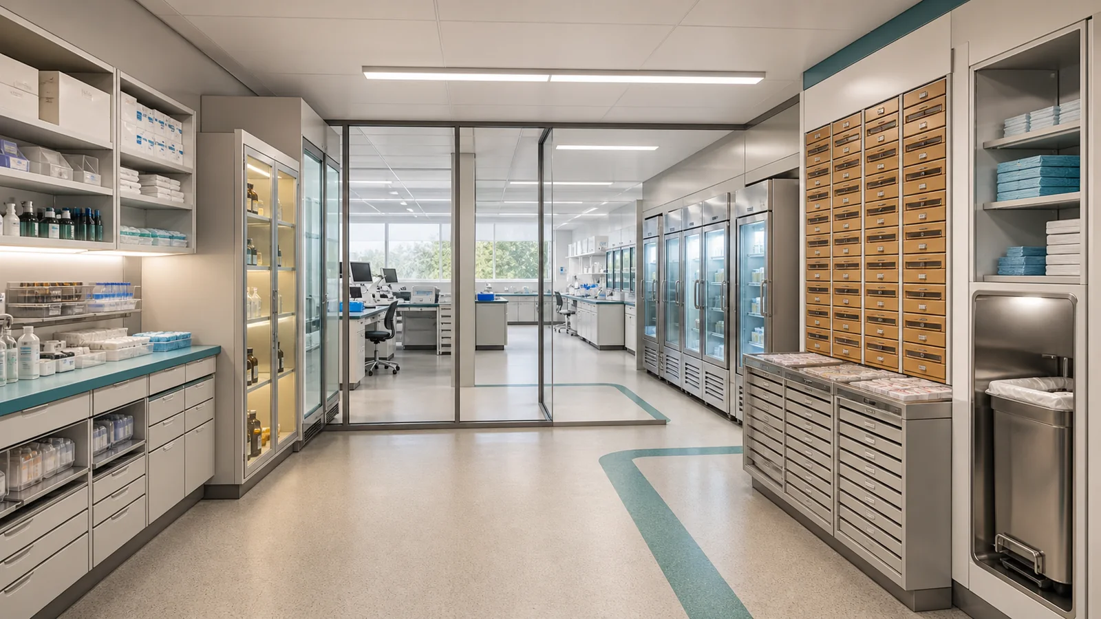 Conceptual pathology storage suite with working stock, segregated cabinets, cold storage, slide and paraffin-block archives, clean supplies, and waste holding