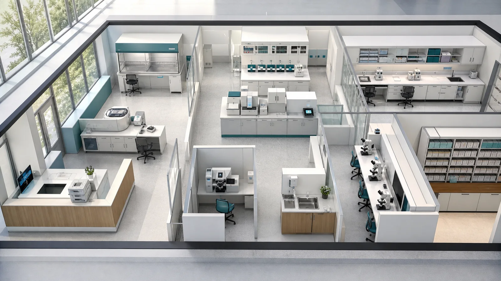 Conceptual hospital pathology laboratory interior showing specimen reception, grossing, tissue processing, staining, microscopy review, and archive zones