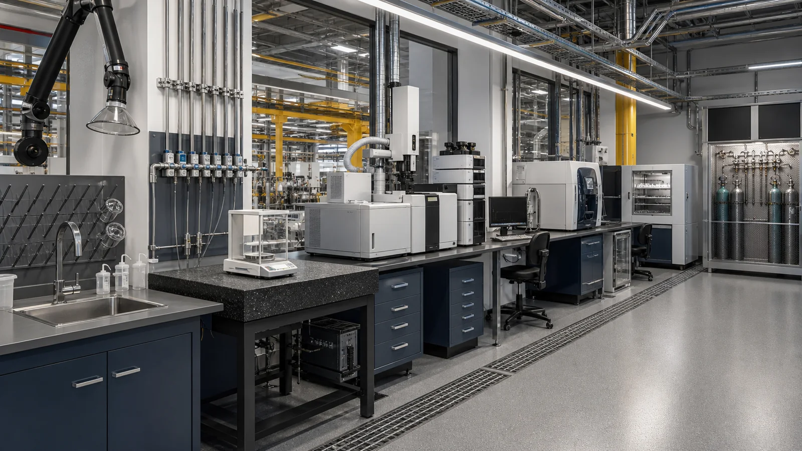 Conceptual industrial quality-control laboratory with sample preparation, anti-vibration balance table, analytical instruments, gas manifold, extraction, utilities, and service access