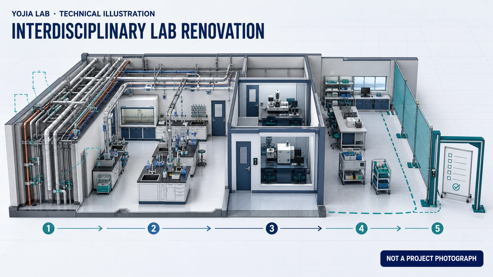 Axonometric technical illustration of an interdisciplinary research laboratory renovation with verified existing services, a shared wet laboratory, protected instrument rooms, flexible support workstations, and a phased commissioning boundary