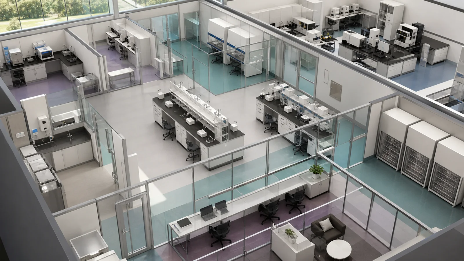 Conceptual shared medical research laboratory with central wet benches, enclosed cell and molecular support rooms, shared instruments, cold storage, and data review space