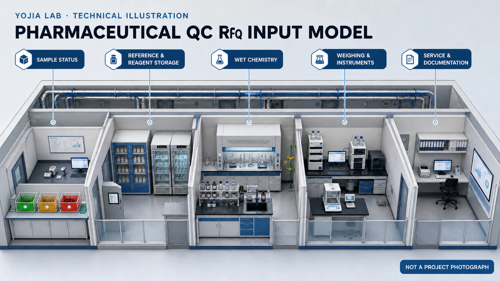Technical illustration of a pharmaceutical QC laboratory RFQ planning model linking sample status, reagent storage, wet chemistry, weighing and analytical instruments to service and documentation inputs