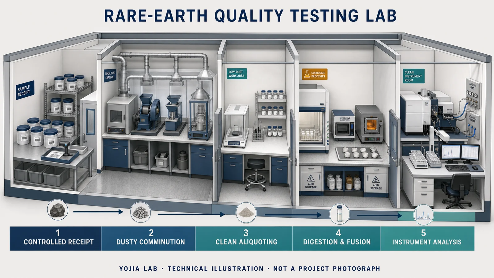 Axonometric technical illustration of a rare-earth quality-testing laboratory with controlled receipt, enclosed crushing and grinding, clean aliquoting, digestion and fusion, and ICP analysis zones