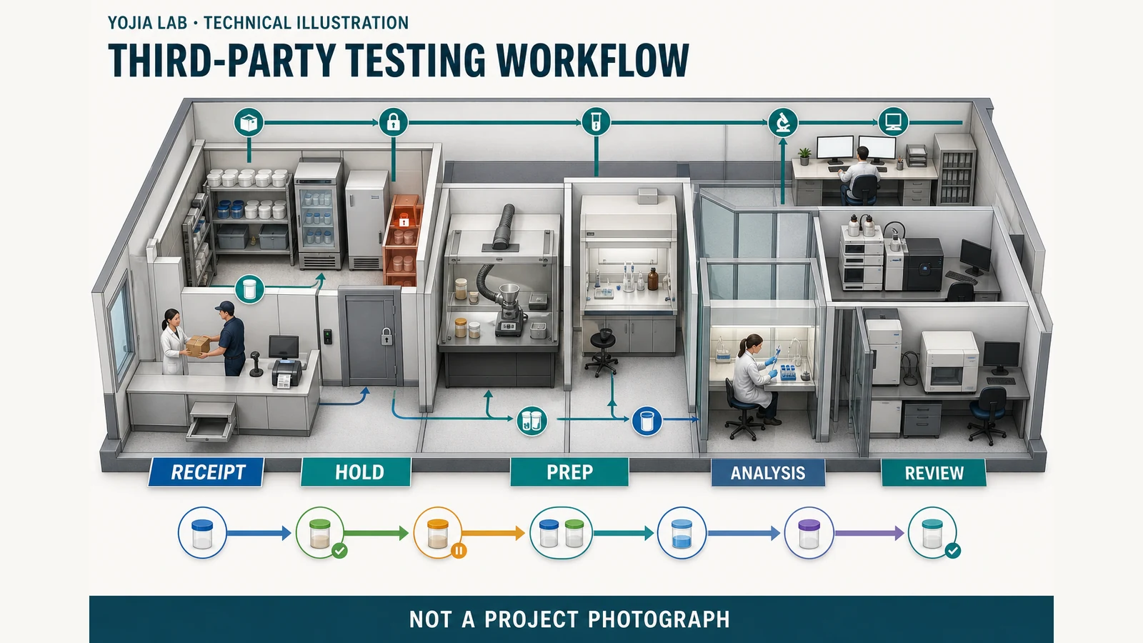 Axonometric technical illustration of a third-party testing laboratory with controlled sample receipt, exception quarantine, custody storage, separated dirty and clean preparation rooms, instrument suites, and a digital hand-off spine