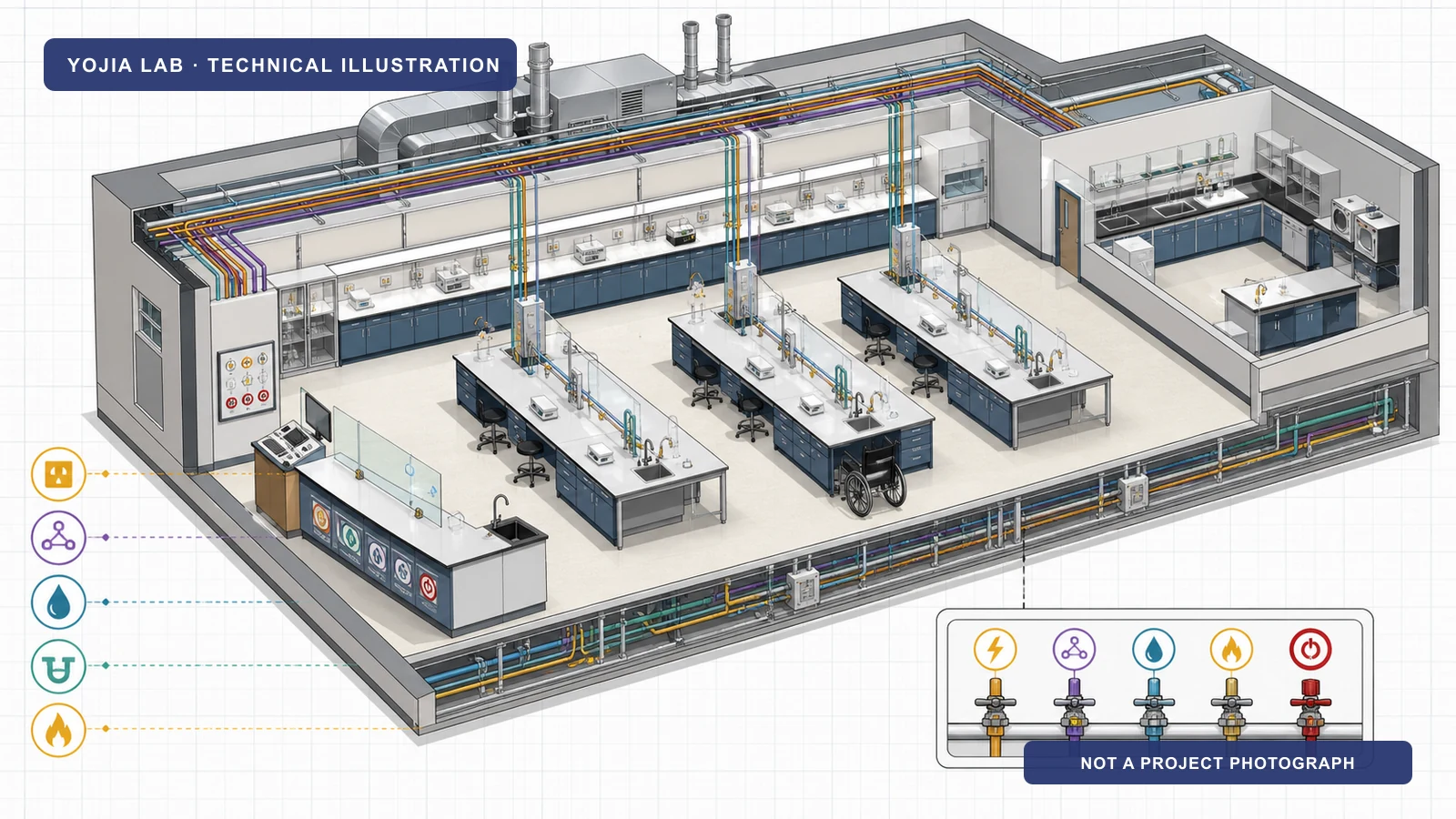 Technical cutaway diagram of a university teaching laboratory showing student stations, instructor control, shared equipment, service distribution, and preparation reset area