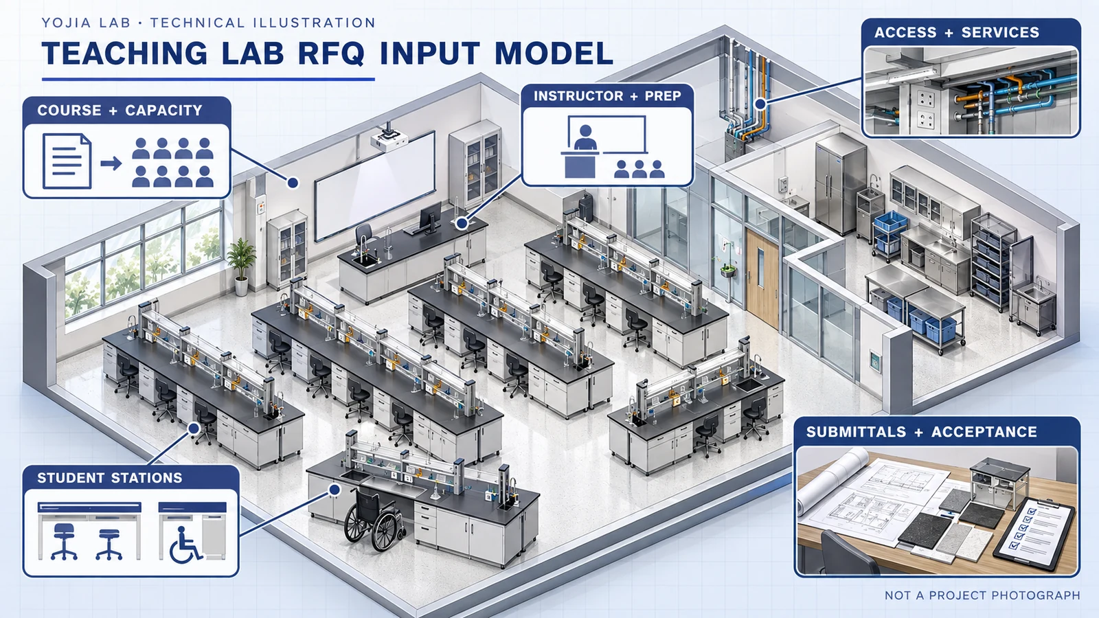 Technical illustration of a university teaching laboratory furniture RFQ model with repeatable student stations, instructor oversight, preparation and reset support, accessible participation, service interfaces, and an acceptance evidence gate
